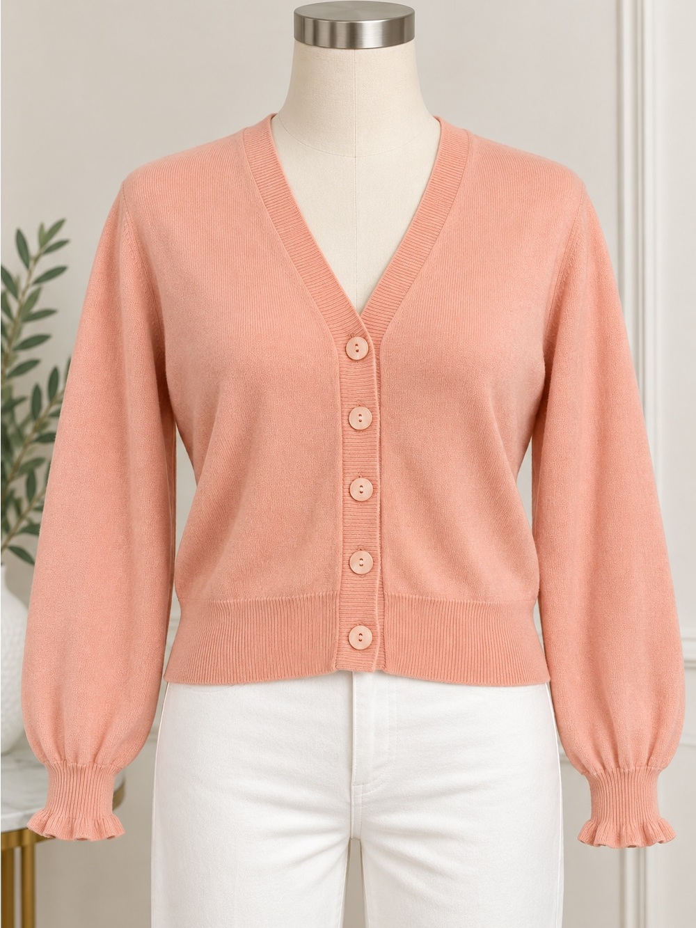 crush 100% cashmere peach pink button cardigan ruffle cuff size 2